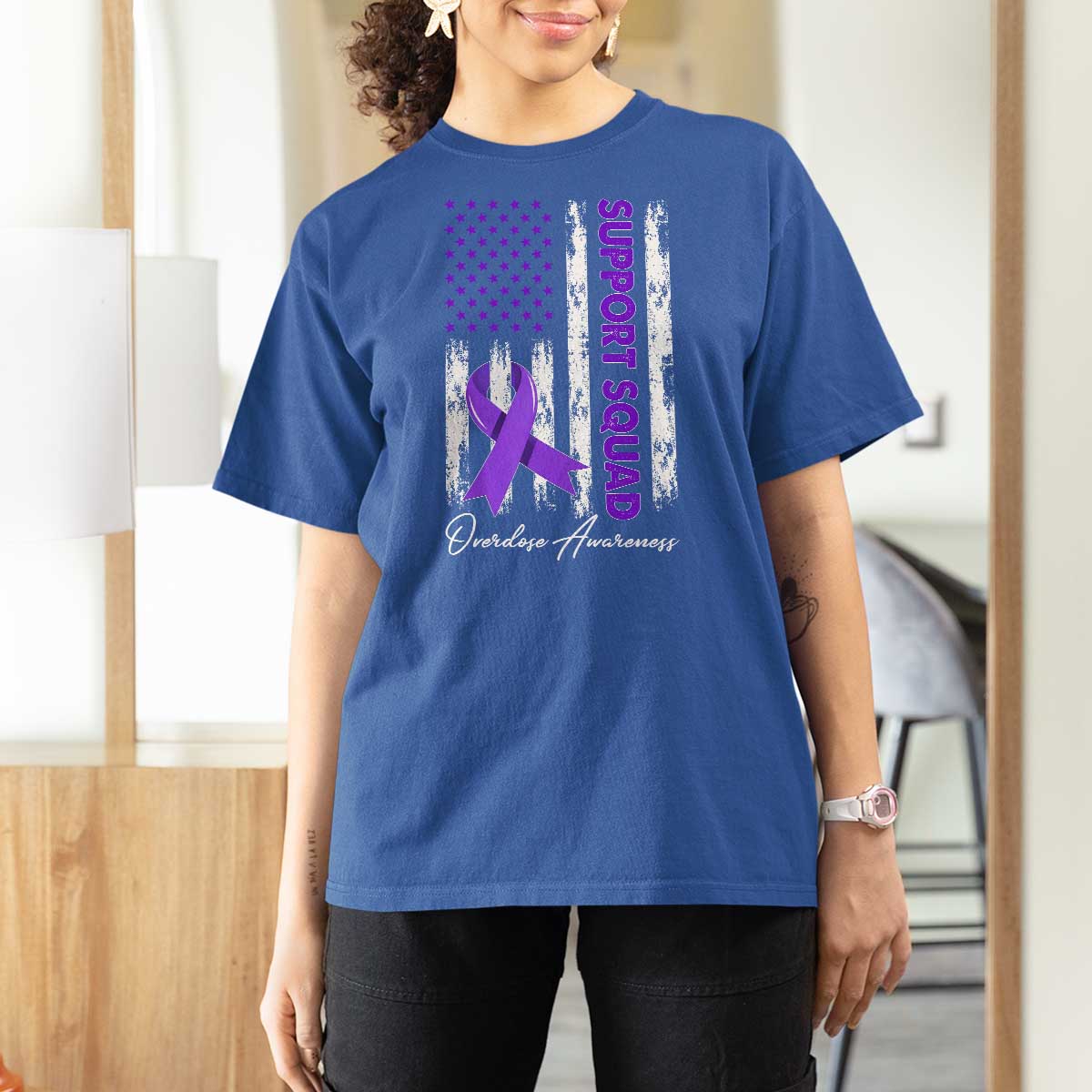 Support Squad Overdose Awareness T Shirt For Women Purple Ribbon American Flag Graphic