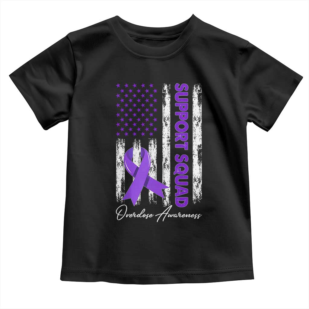 Support Squad Overdose Awareness Toddler T Shirt Purple Ribbon American Flag Graphic