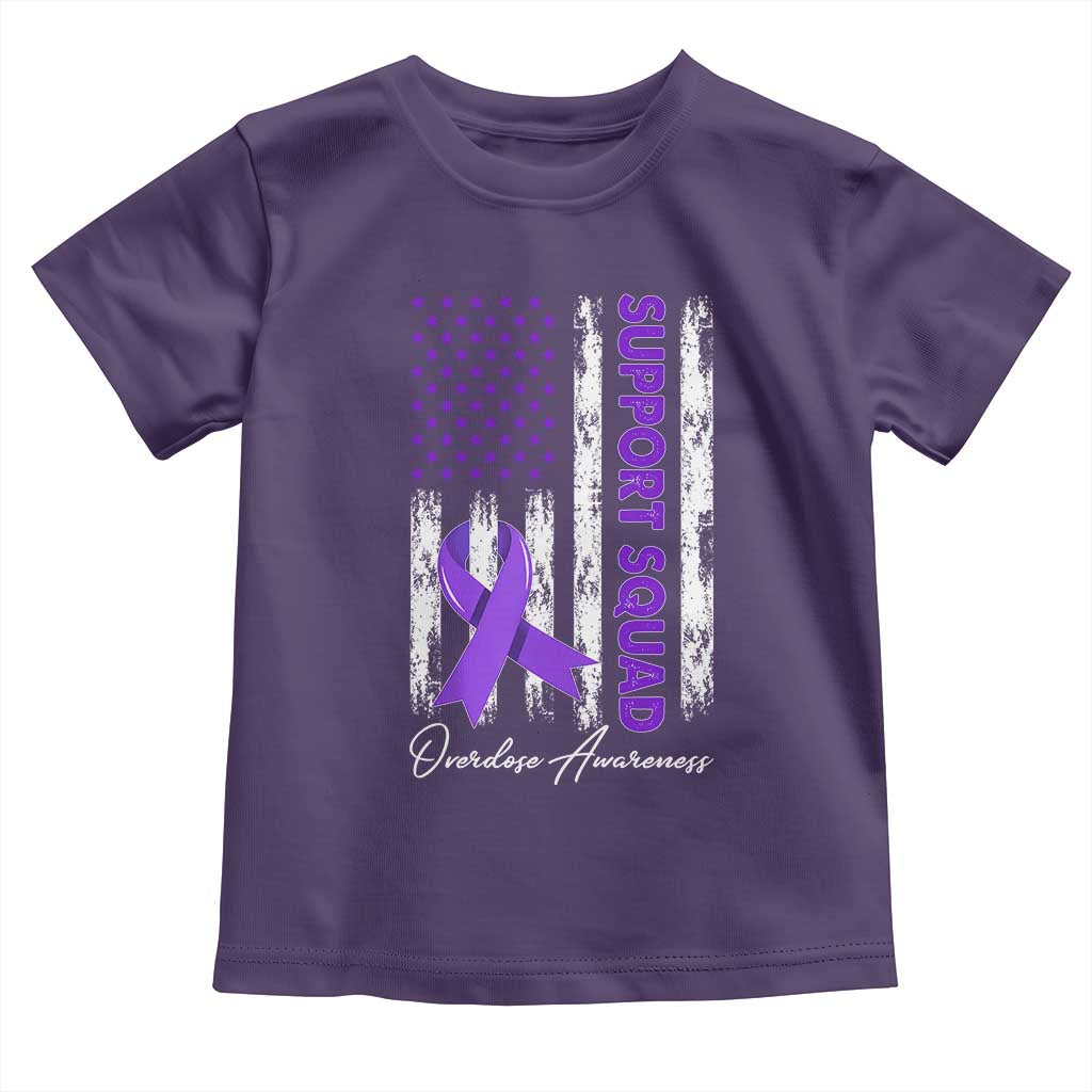 Support Squad Overdose Awareness Toddler T Shirt Purple Ribbon American Flag Graphic
