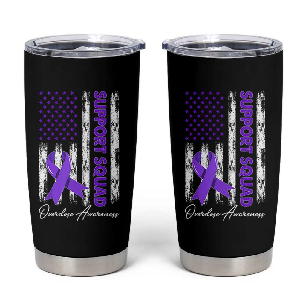 Support Squad Overdose Awareness Tumbler Cup Purple Ribbon American Flag Graphic