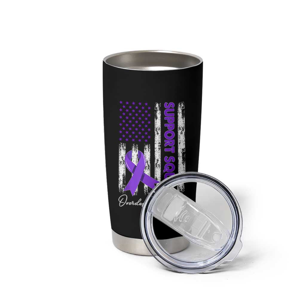 Support Squad Overdose Awareness Tumbler Cup Purple Ribbon American Flag Graphic