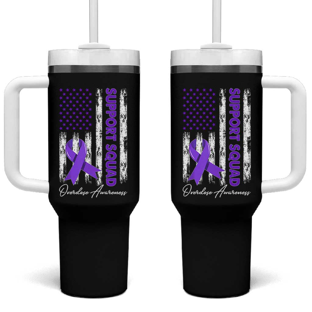 Support Squad Overdose Awareness Tumbler With Handle Purple Ribbon American Flag Graphic