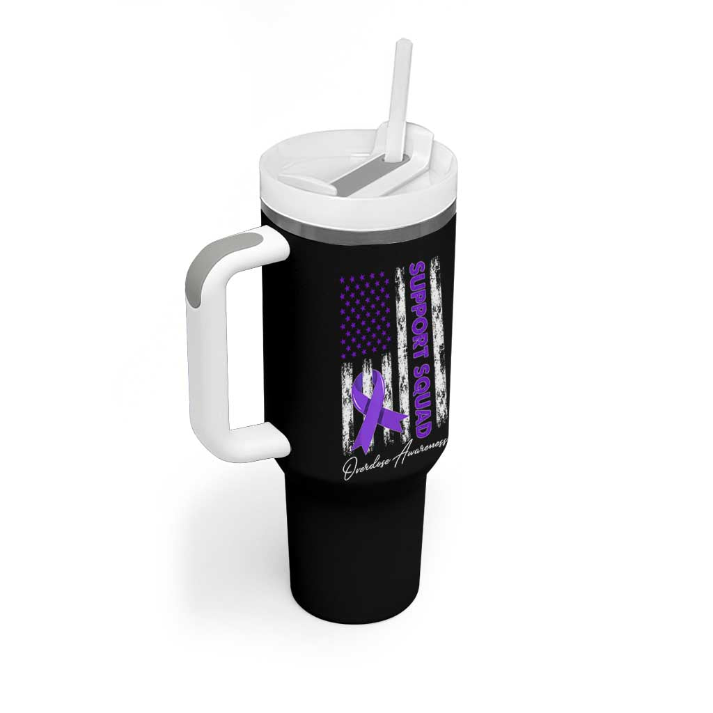 Support Squad Overdose Awareness Tumbler With Handle Purple Ribbon American Flag Graphic