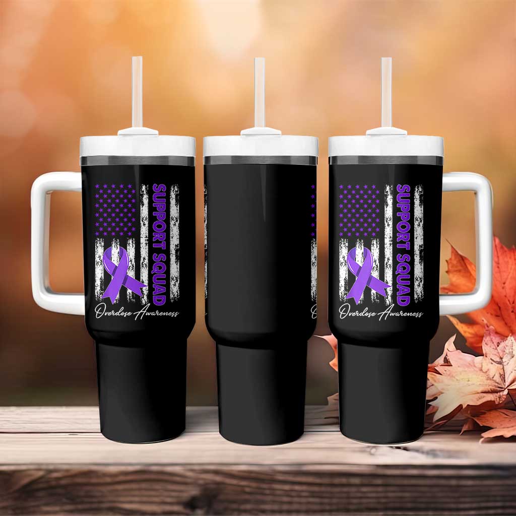 Support Squad Overdose Awareness Tumbler With Handle Purple Ribbon American Flag Graphic