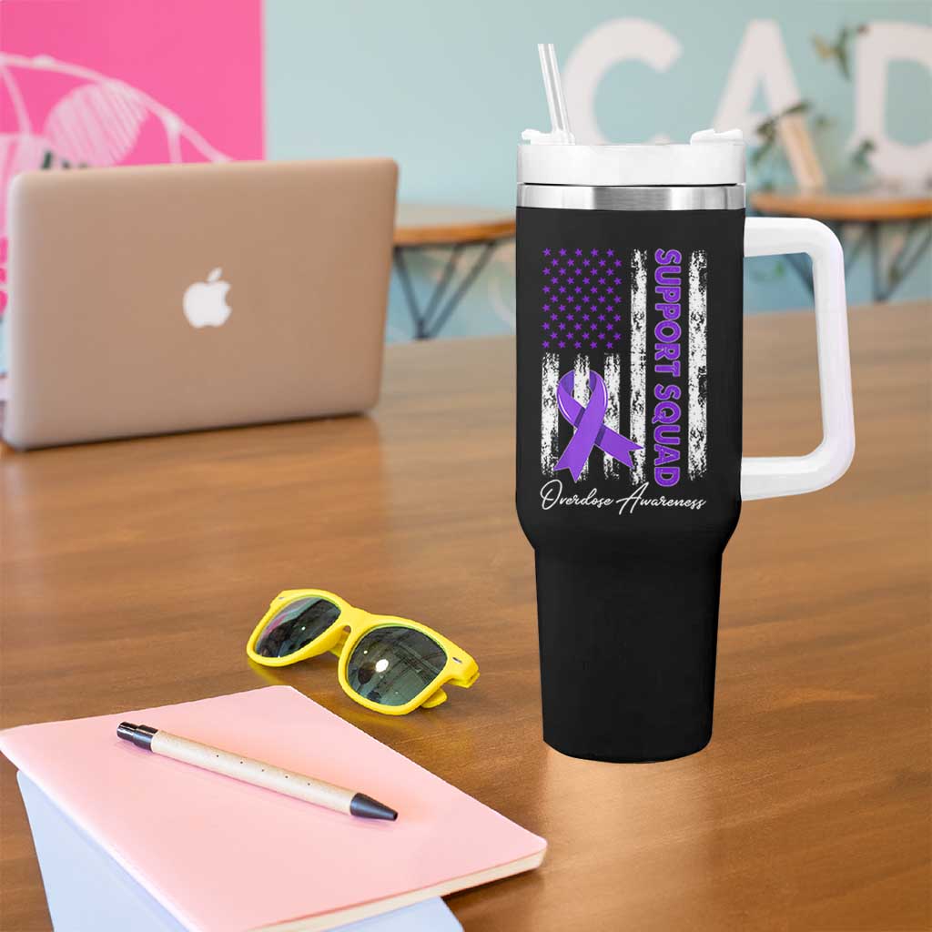 Support Squad Overdose Awareness Tumbler With Handle Purple Ribbon American Flag Graphic
