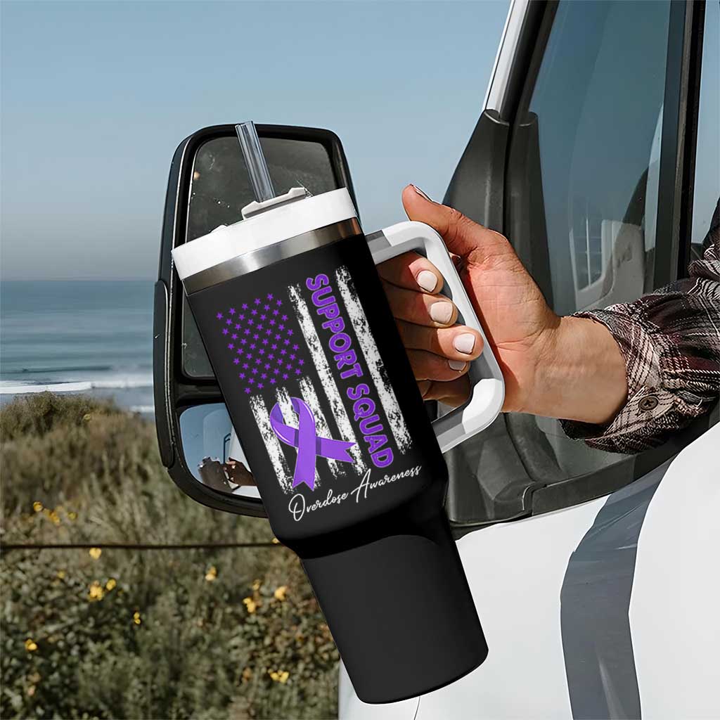 Support Squad Overdose Awareness Tumbler With Handle Purple Ribbon American Flag Graphic
