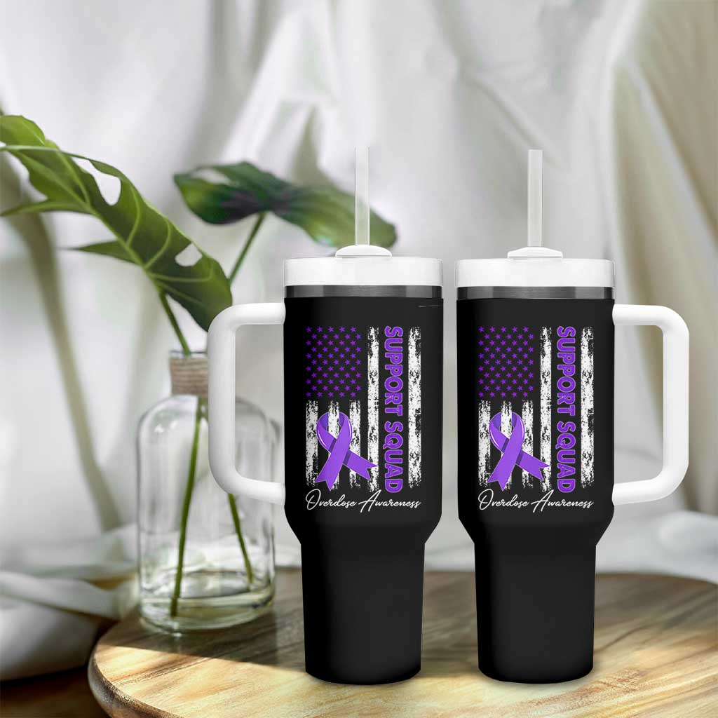 Support Squad Overdose Awareness Tumbler With Handle Purple Ribbon American Flag Graphic