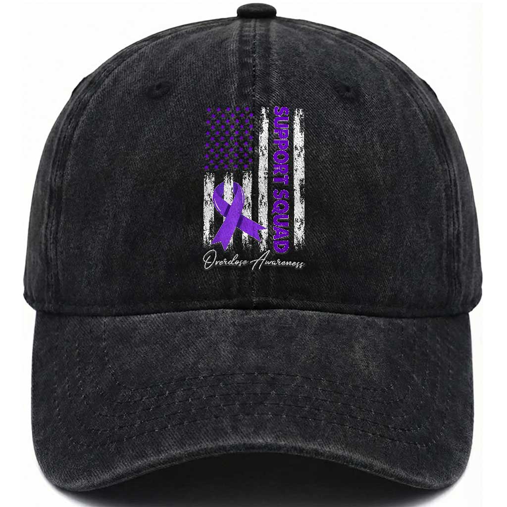 Support Squad Overdose Awareness Washed Cotton Baseball Cap Purple Ribbon American Flag Graphic