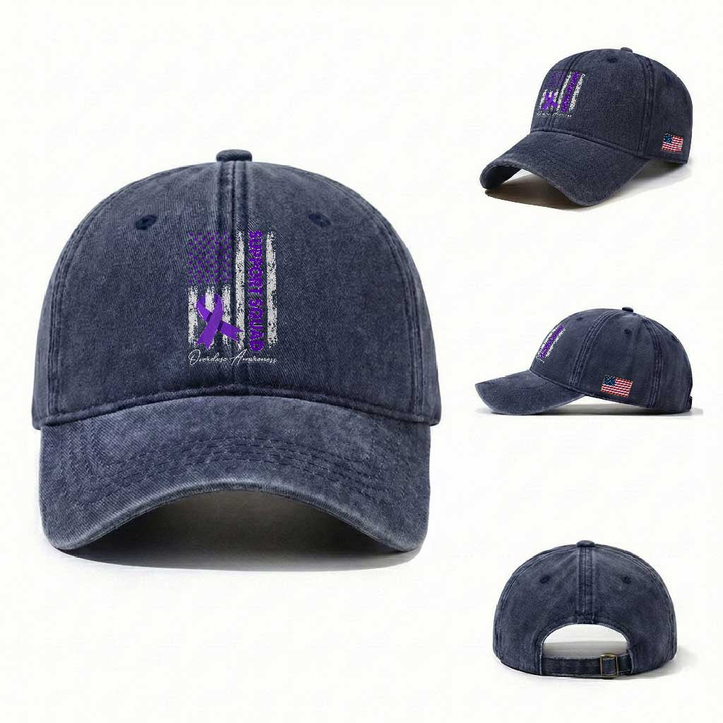 Support Squad Overdose Awareness Washed Cotton Baseball Cap Purple Ribbon American Flag Graphic