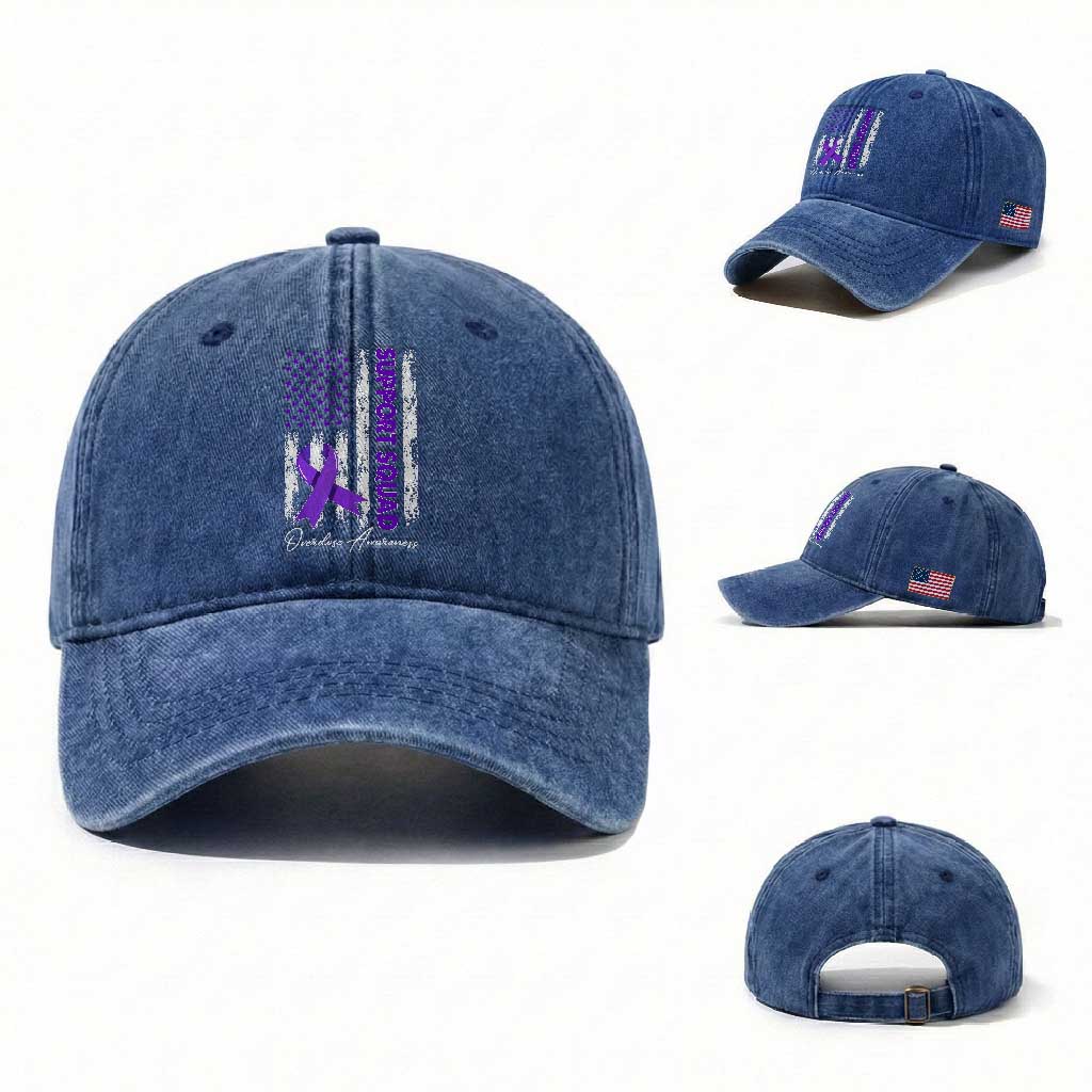 Support Squad Overdose Awareness Washed Cotton Baseball Cap Purple Ribbon American Flag Graphic