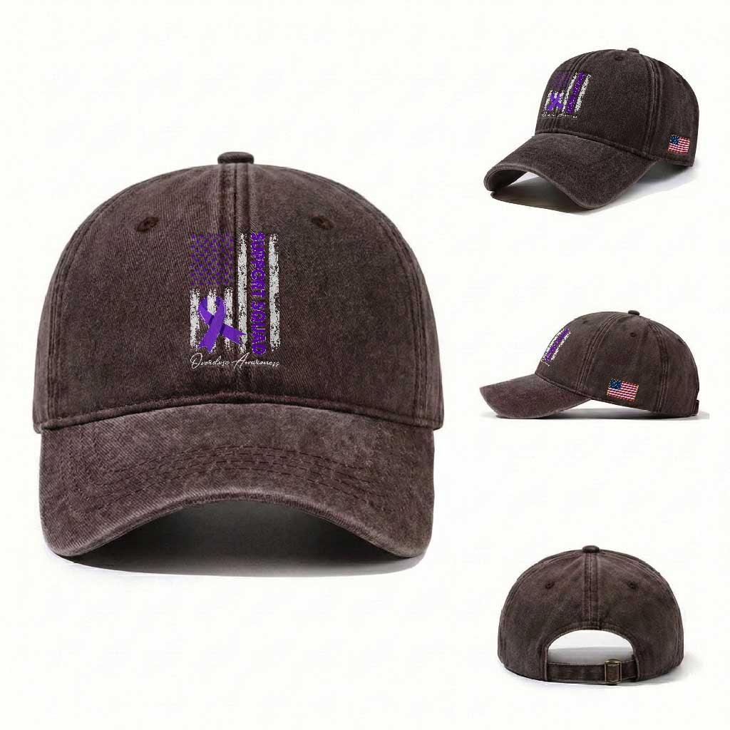 Support Squad Overdose Awareness Washed Cotton Baseball Cap Purple Ribbon American Flag Graphic