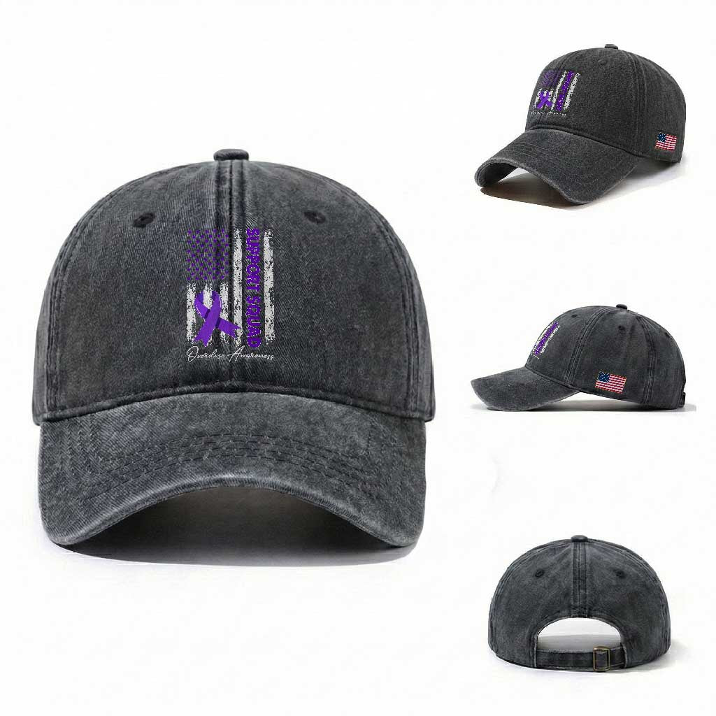 Support Squad Overdose Awareness Washed Cotton Baseball Cap Purple Ribbon American Flag Graphic