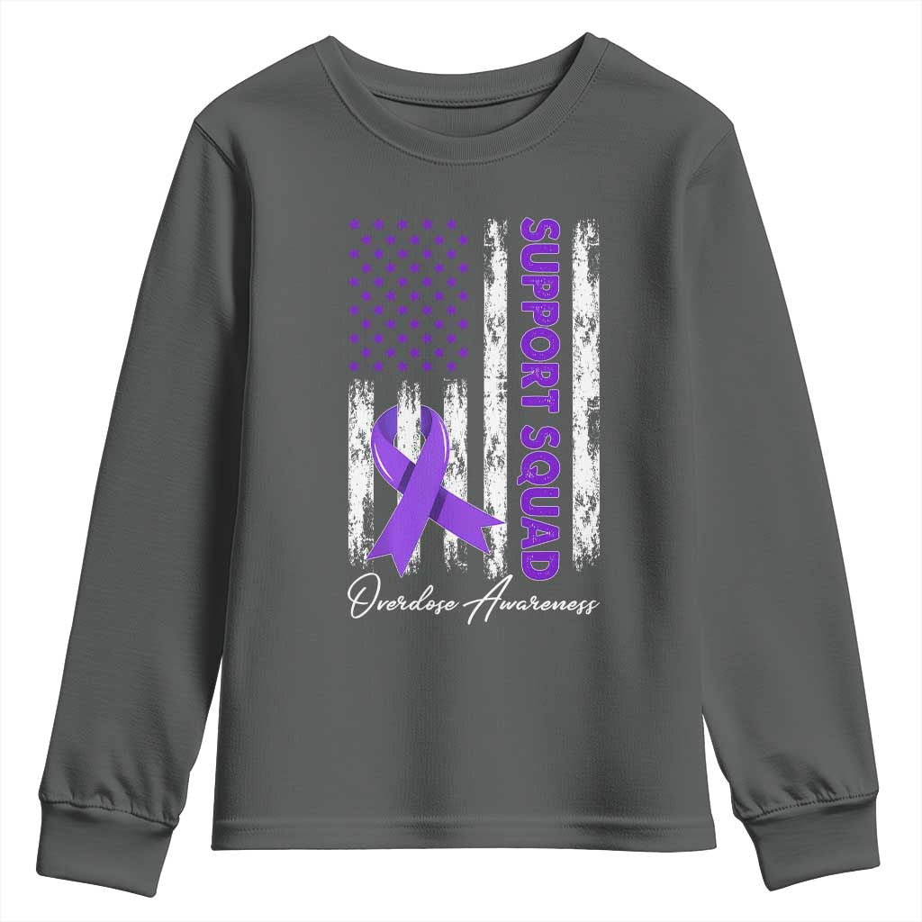 Support Squad Overdose Awareness Youth Sweatshirt Purple Ribbon American Flag Graphic
