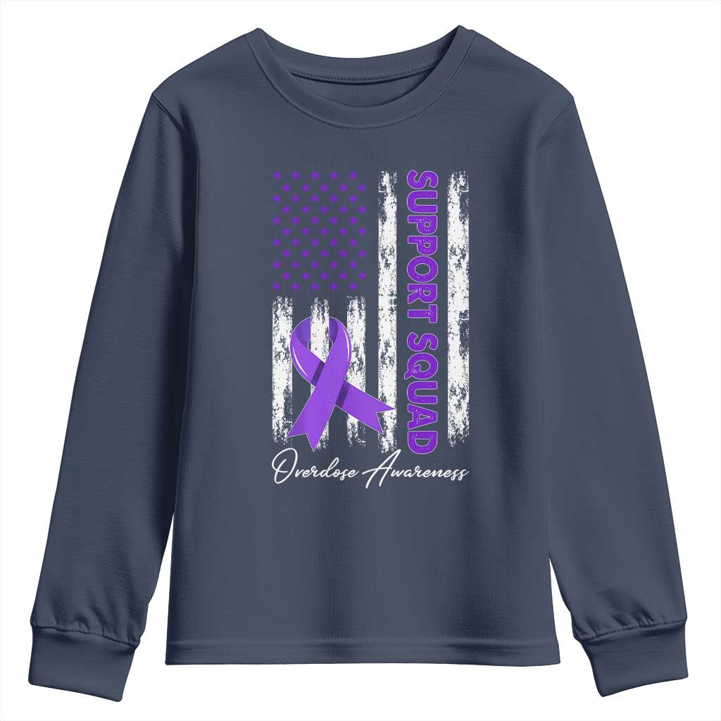 Support Squad Overdose Awareness Youth Sweatshirt Purple Ribbon American Flag Graphic