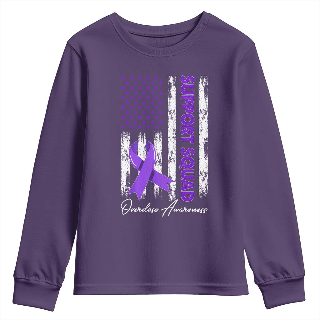 Support Squad Overdose Awareness Youth Sweatshirt Purple Ribbon American Flag Graphic