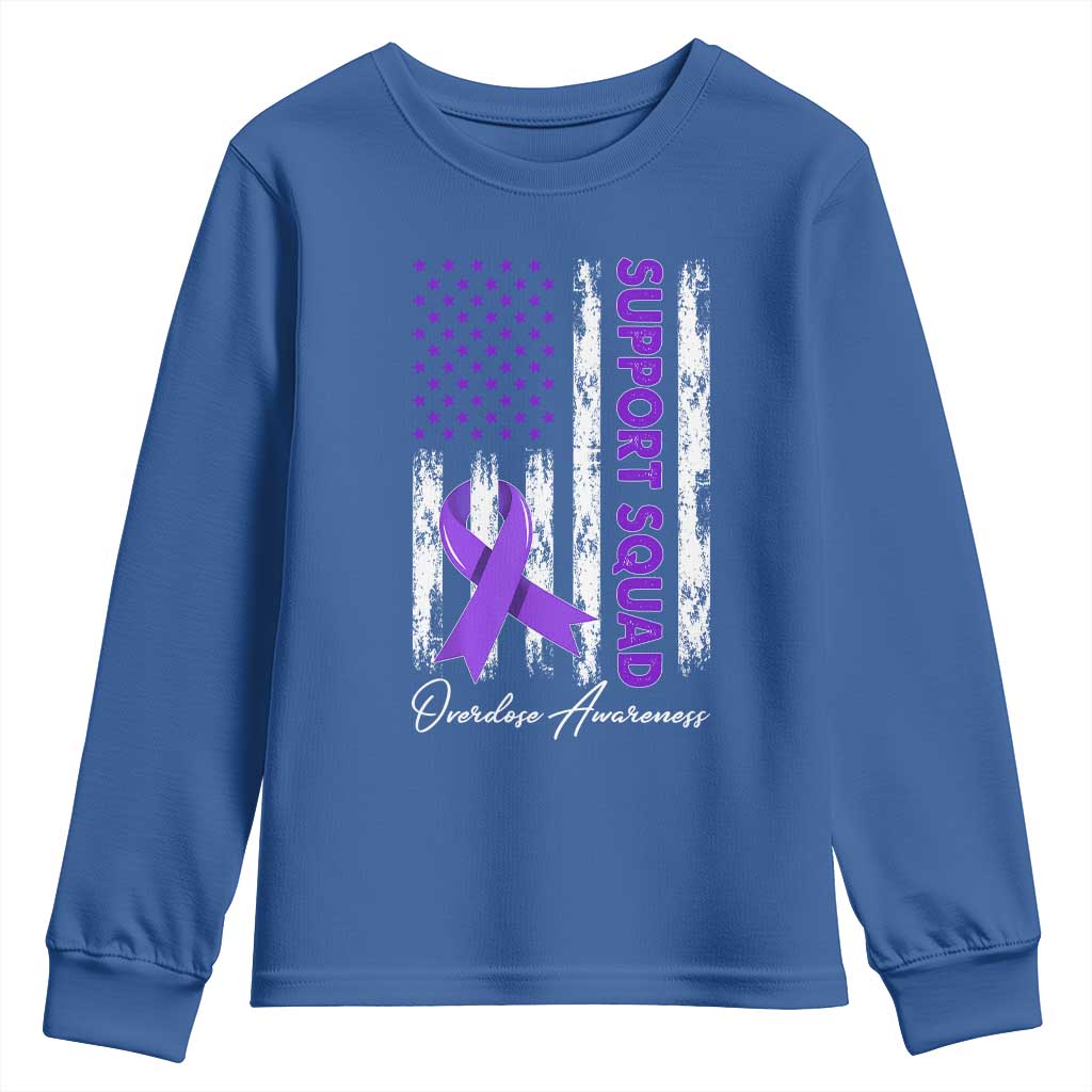 Support Squad Overdose Awareness Youth Sweatshirt Purple Ribbon American Flag Graphic