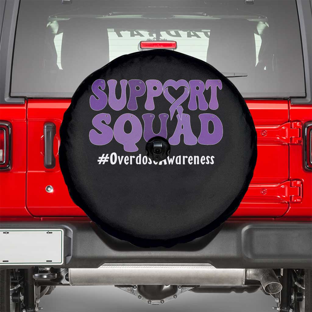 Support Squad Overdose Awareness Spare Tire Cover Purple Ribbon Groovy Typography Graphic