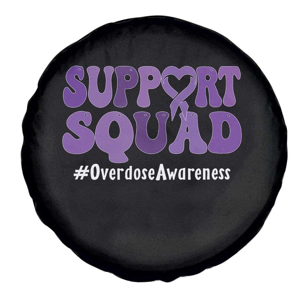 Support Squad Overdose Awareness Spare Tire Cover Purple Ribbon Groovy Typography Graphic