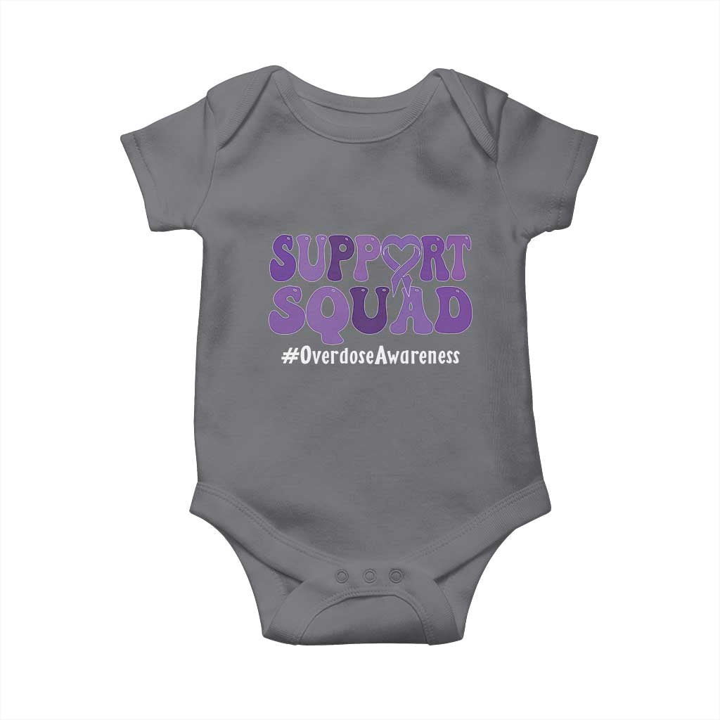 Support Squad Overdose Awareness Baby Onesie Purple Ribbon Groovy Typography Graphic