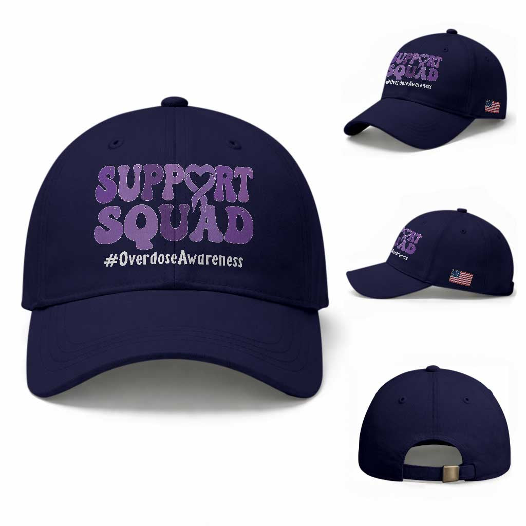 Support Squad Overdose Awareness Baseball Cap Purple Ribbon Groovy Typography Graphic