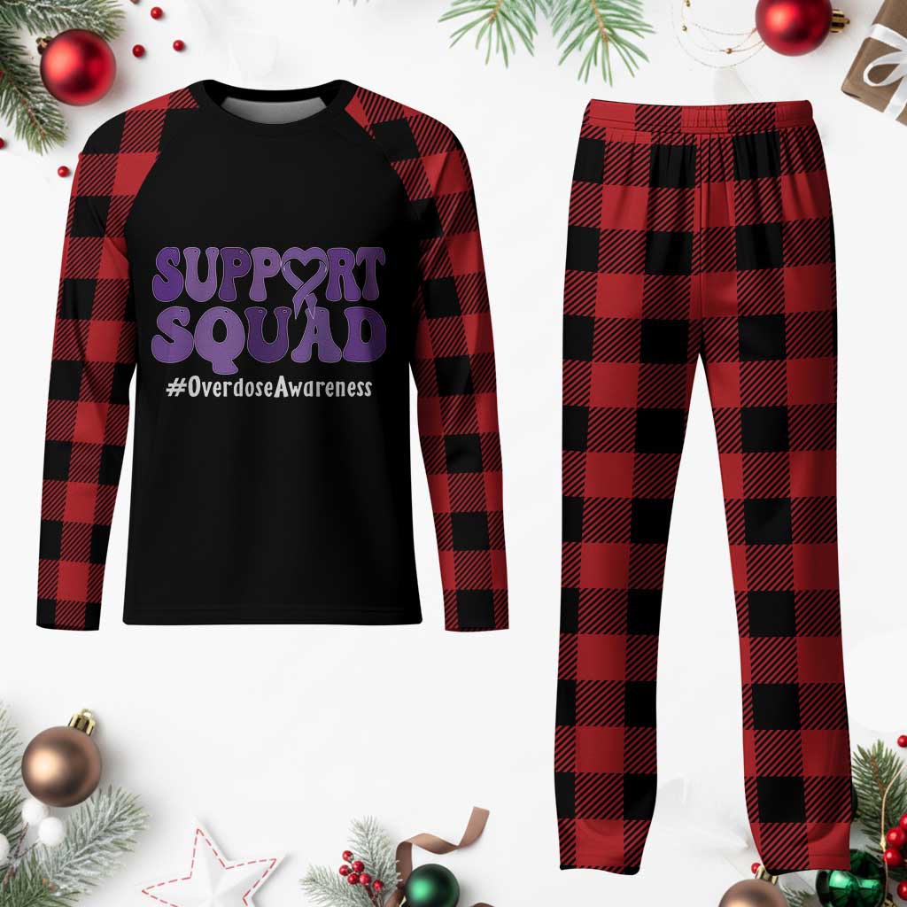 Support Squad Overdose Awareness Plaid Pajama Set Purple Ribbon Groovy Typography Graphic