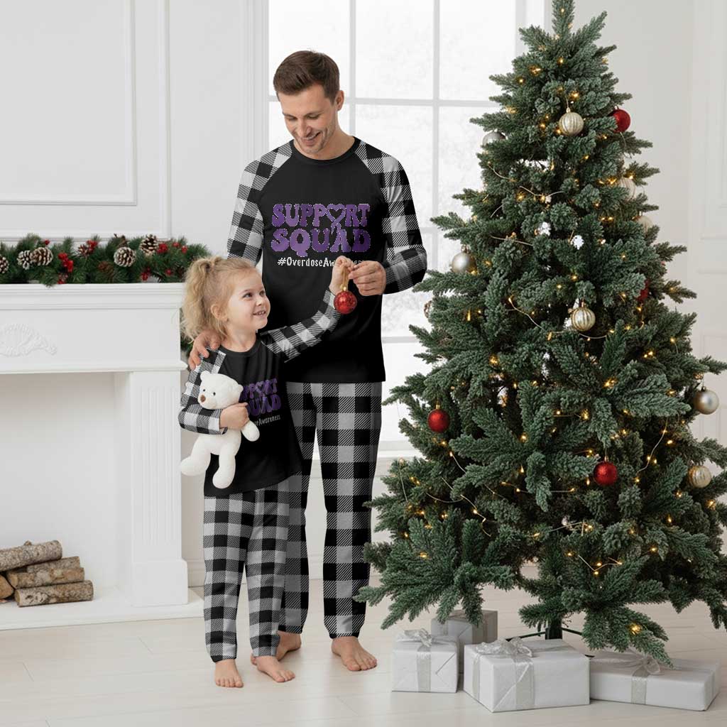 Support Squad Overdose Awareness Plaid Pajama Set Purple Ribbon Groovy Typography Graphic