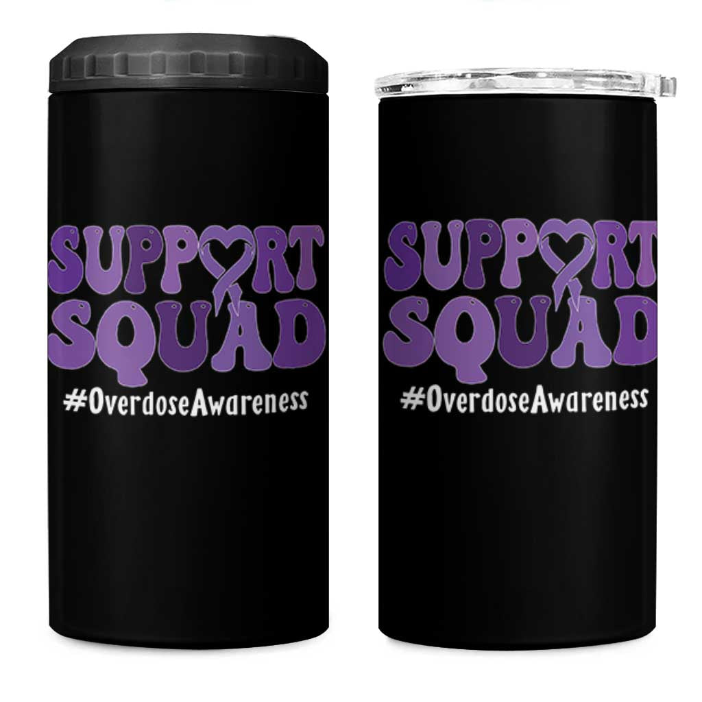 Support Squad Overdose Awareness 4 in 1 Can Cooler Tumbler Purple Ribbon Groovy Typography Graphic