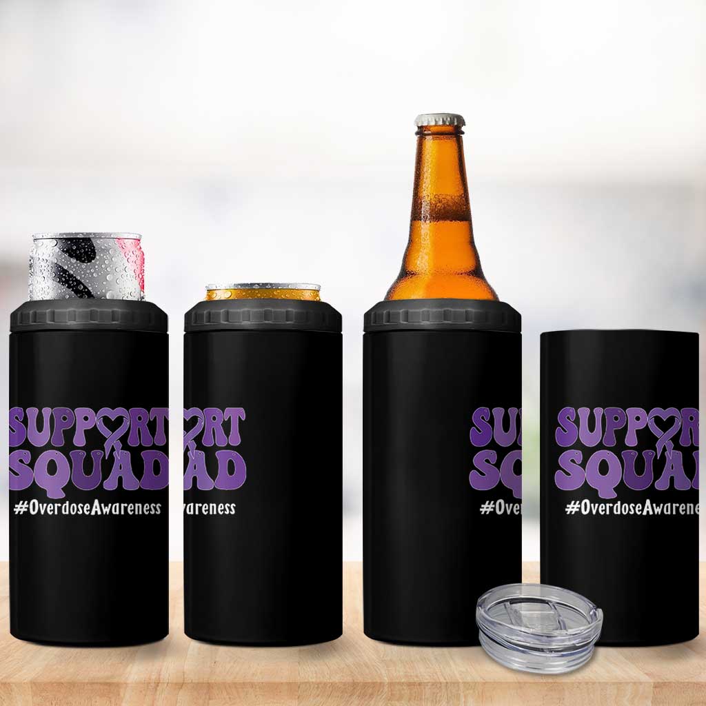 Support Squad Overdose Awareness 4 in 1 Can Cooler Tumbler Purple Ribbon Groovy Typography Graphic