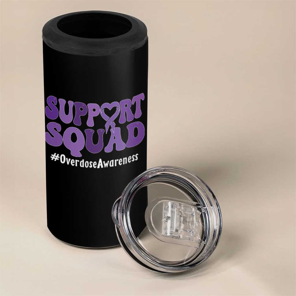 Support Squad Overdose Awareness 4 in 1 Can Cooler Tumbler Purple Ribbon Groovy Typography Graphic