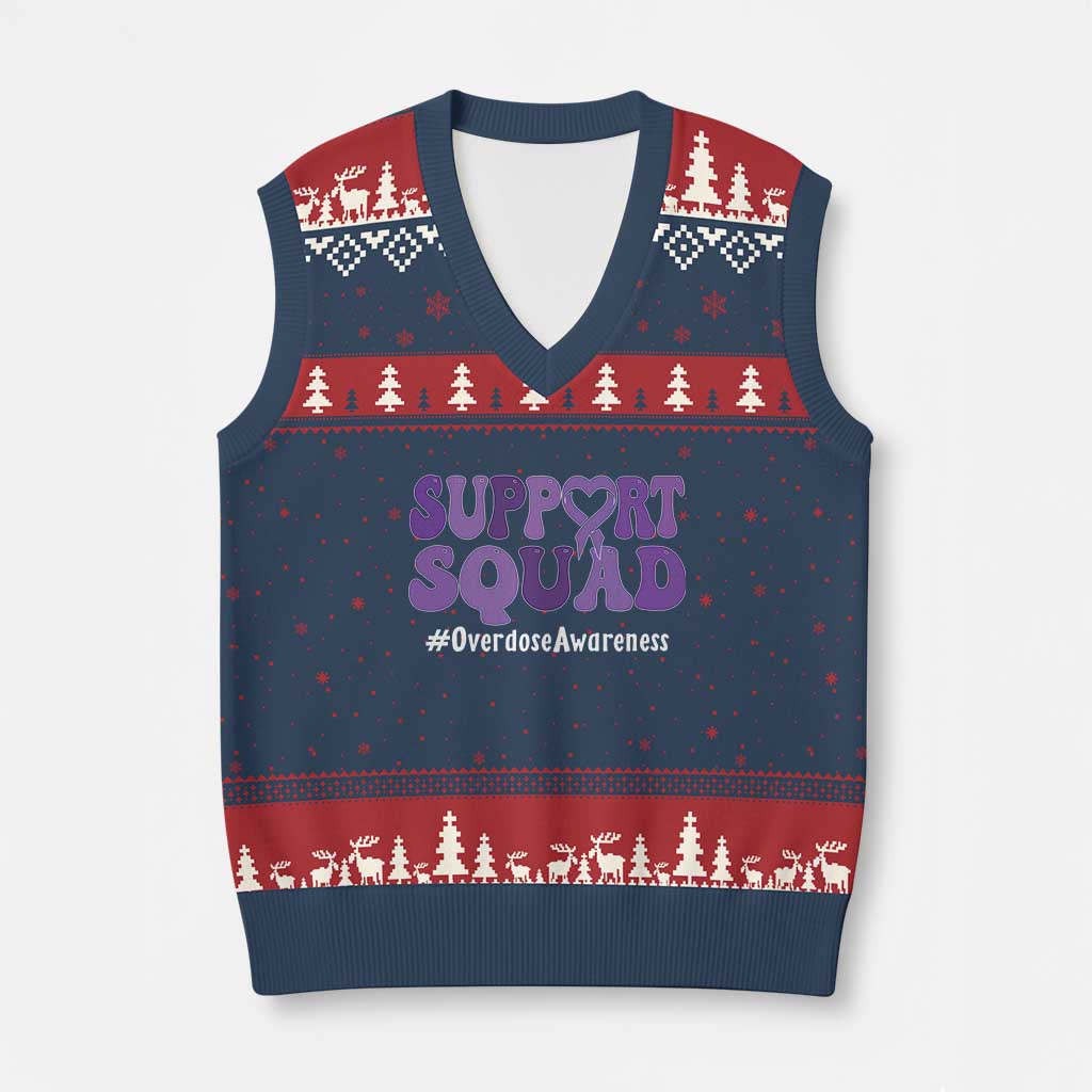 Support Squad Overdose Awareness V-Neck Knit Sweater Vest Purple Ribbon Groovy Typography Graphic