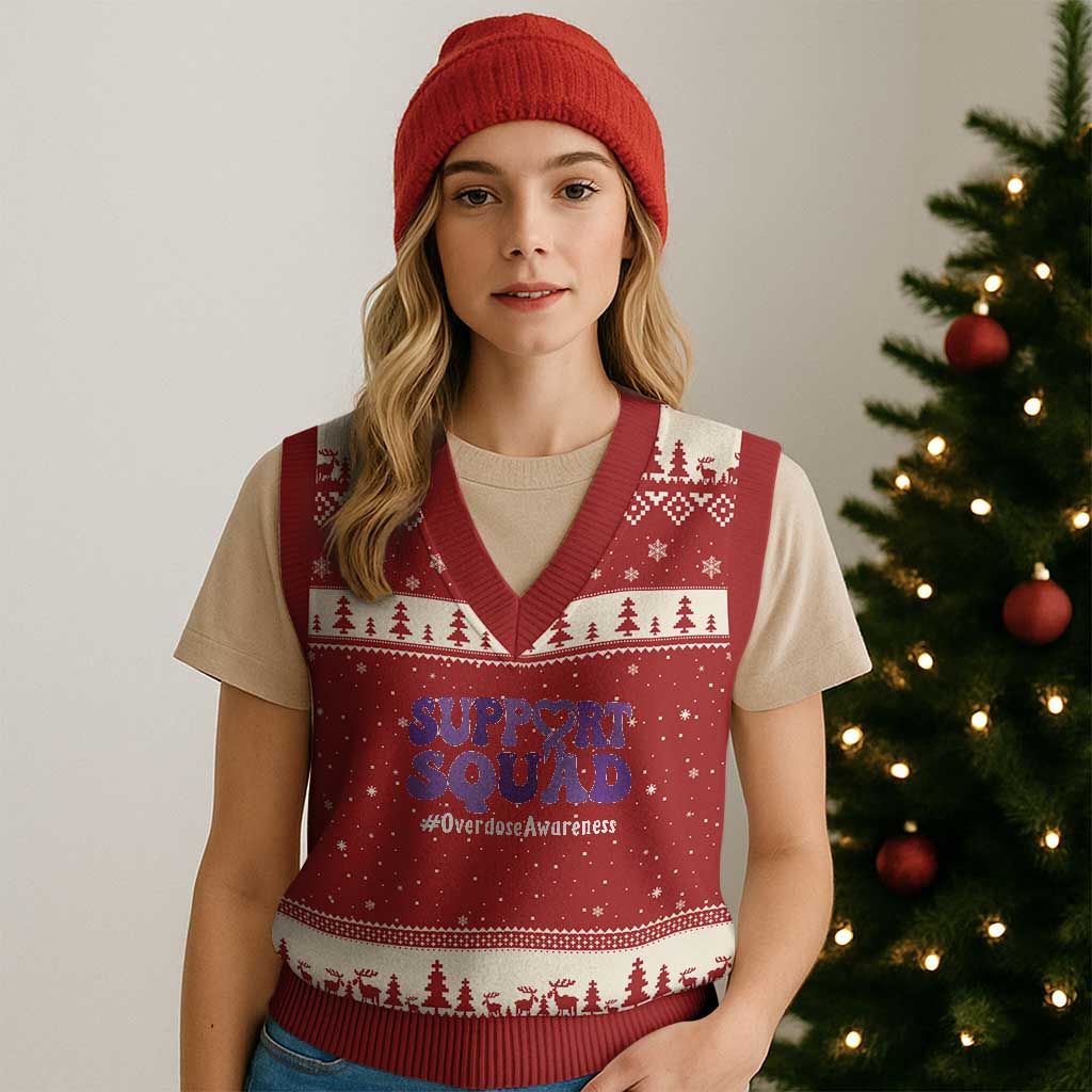 Support Squad Overdose Awareness V-Neck Knit Sweater Vest Purple Ribbon Groovy Typography Graphic