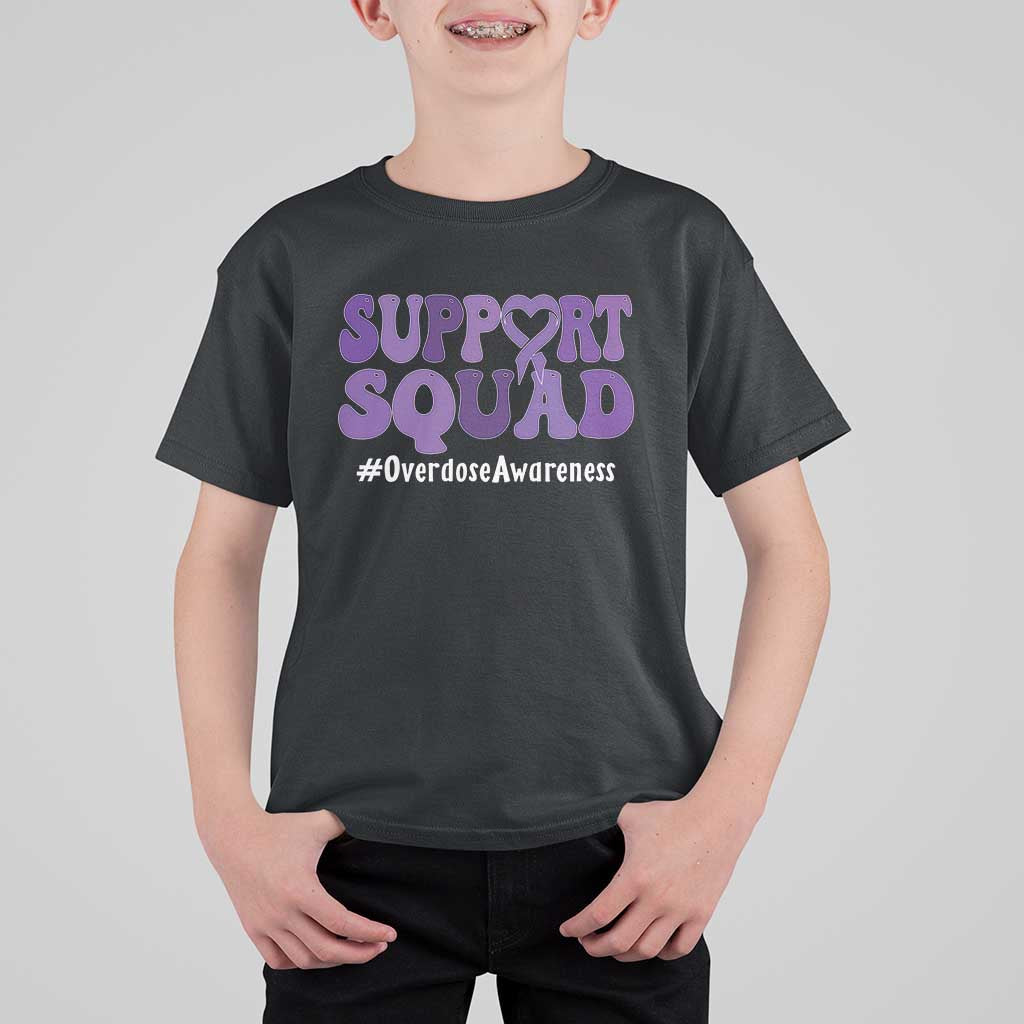 Support Squad Overdose Awareness T Shirt For Kid Purple Ribbon Groovy Typography Graphic