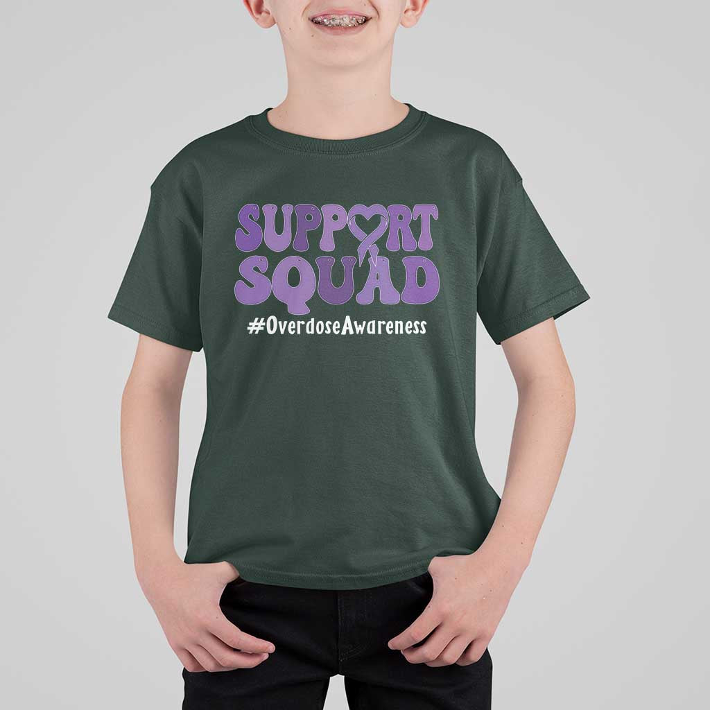 Support Squad Overdose Awareness T Shirt For Kid Purple Ribbon Groovy Typography Graphic