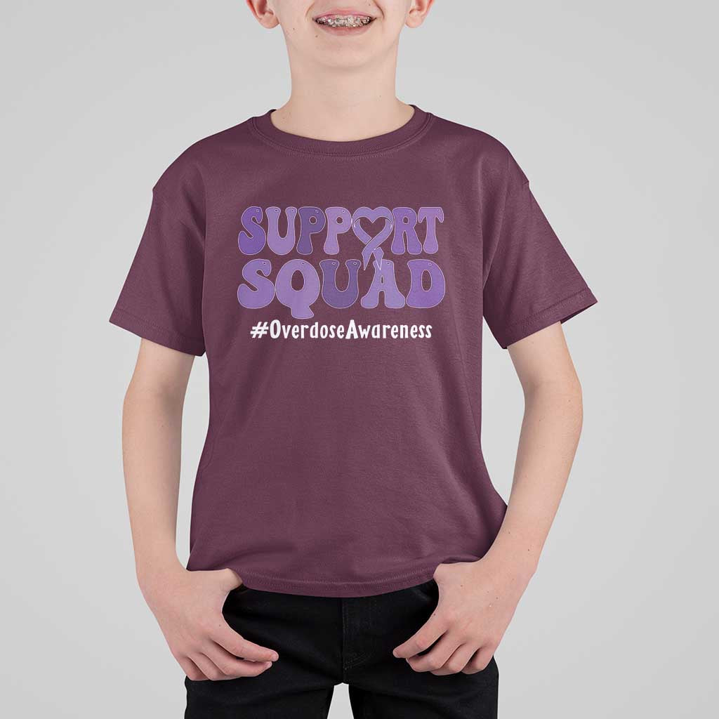 Support Squad Overdose Awareness T Shirt For Kid Purple Ribbon Groovy Typography Graphic