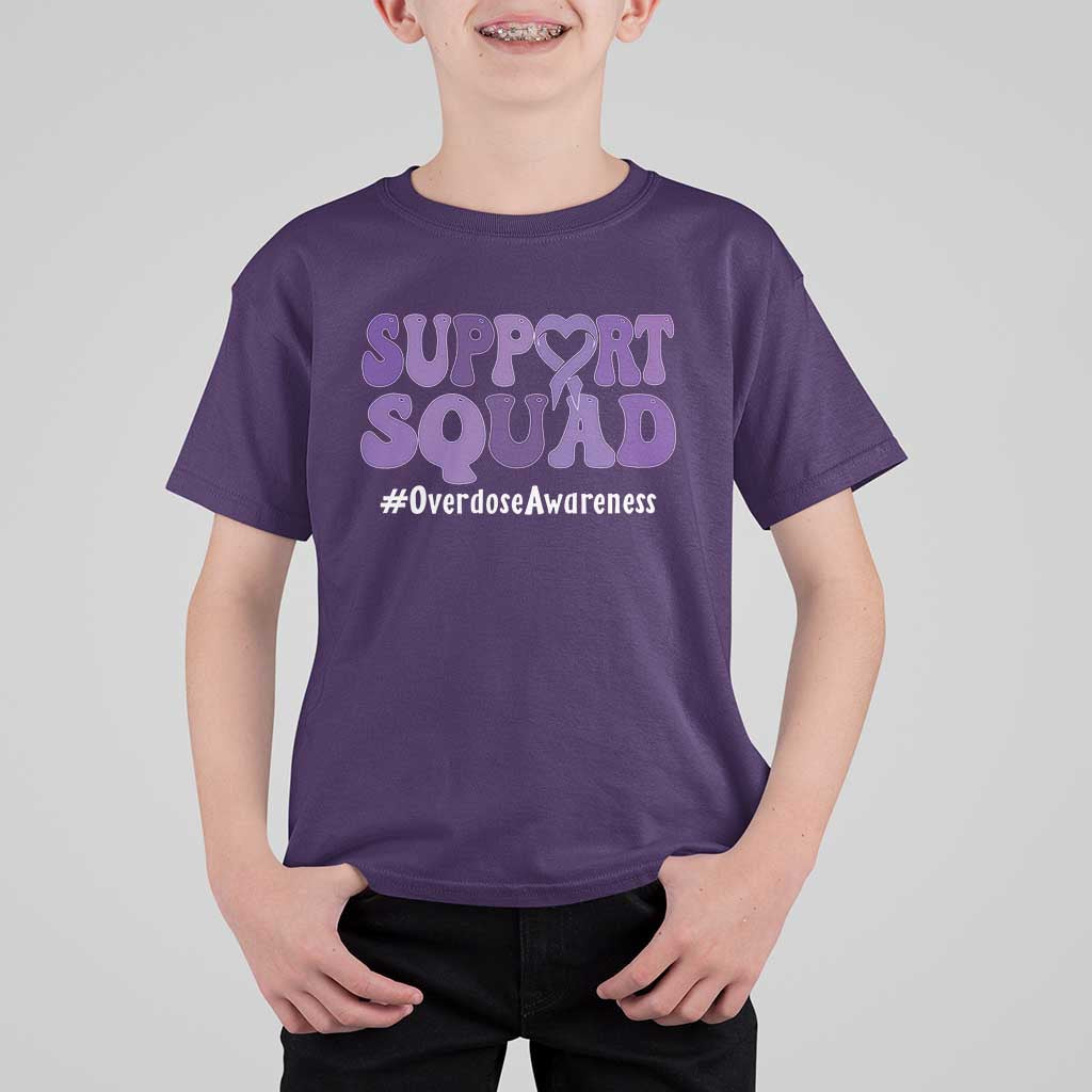Support Squad Overdose Awareness T Shirt For Kid Purple Ribbon Groovy Typography Graphic
