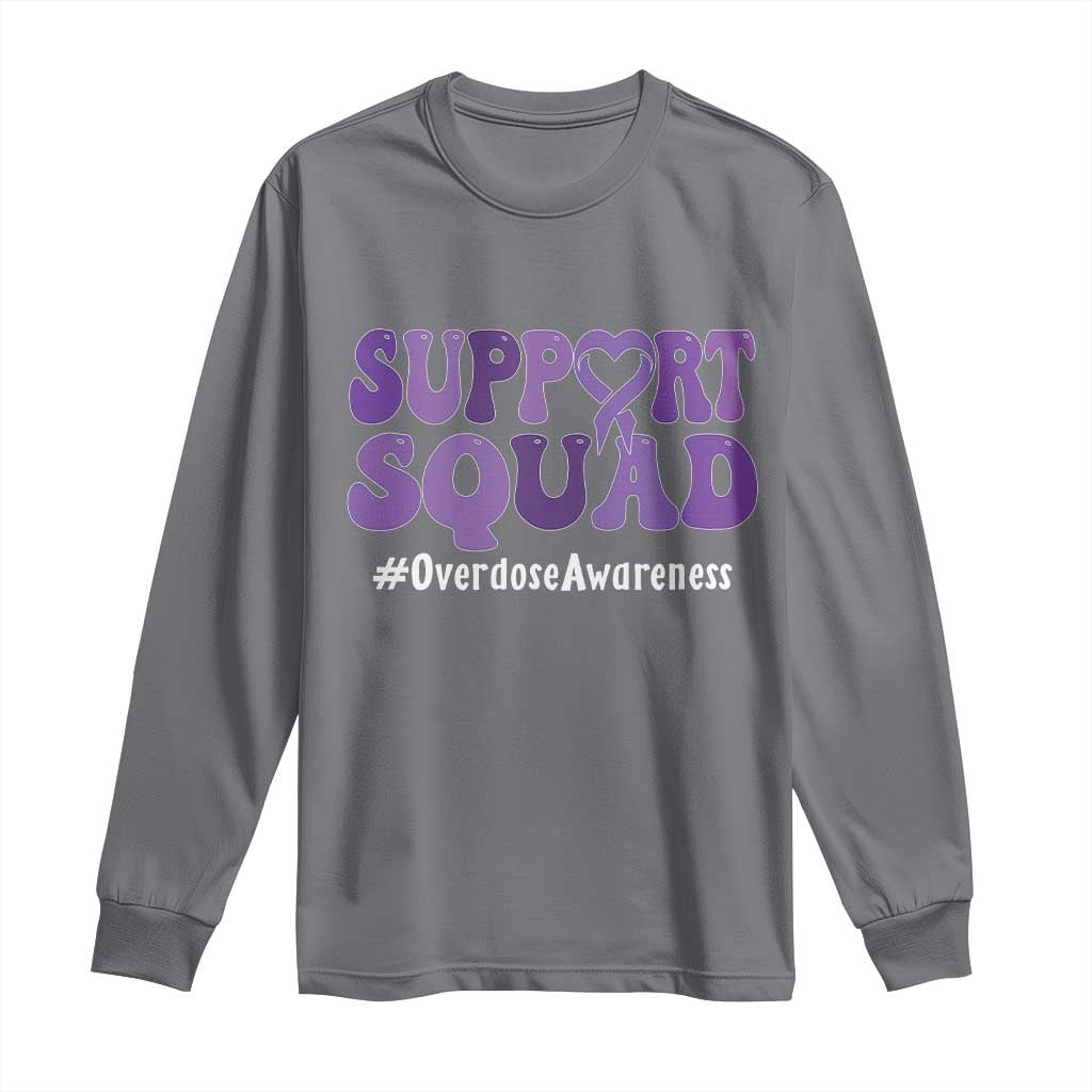 Support Squad Overdose Awareness Long Sleeve Shirt Purple Ribbon Groovy Typography Graphic
