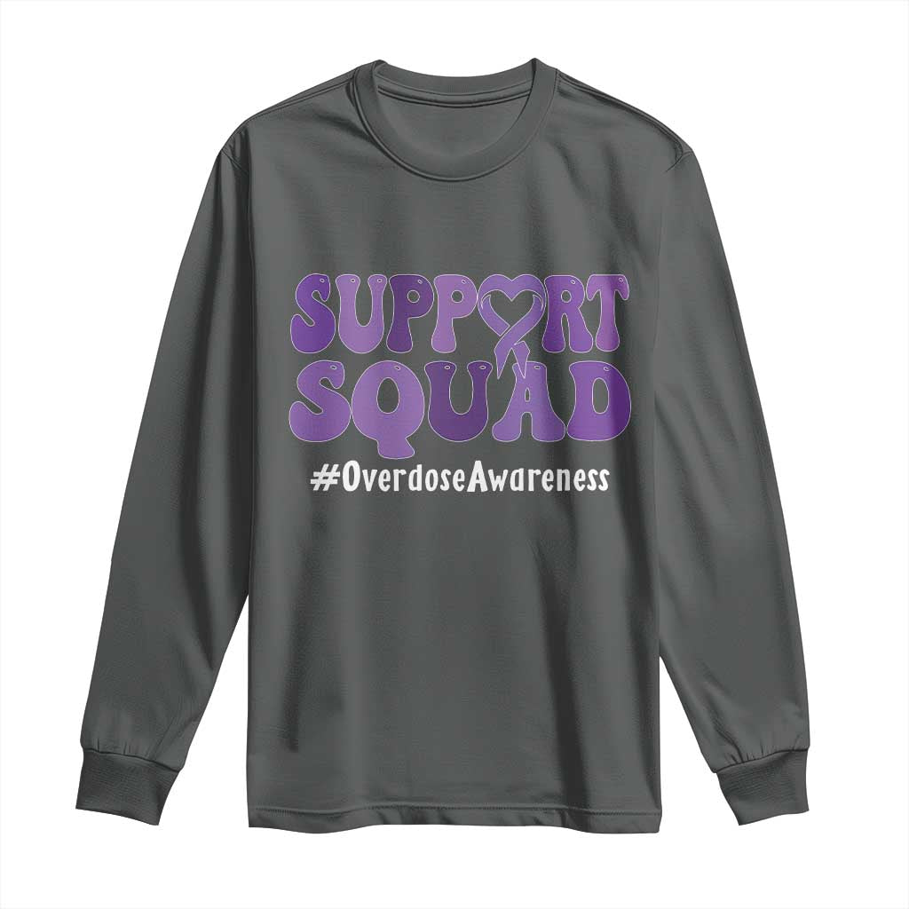 Support Squad Overdose Awareness Long Sleeve Shirt Purple Ribbon Groovy Typography Graphic