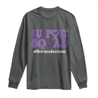 Support Squad Overdose Awareness Long Sleeve Shirt Purple Ribbon Groovy Typography Graphic