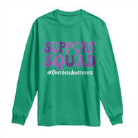 Support Squad Overdose Awareness Long Sleeve Shirt Purple Ribbon Groovy Typography Graphic