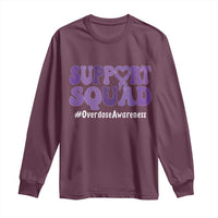 Support Squad Overdose Awareness Long Sleeve Shirt Purple Ribbon Groovy Typography Graphic
