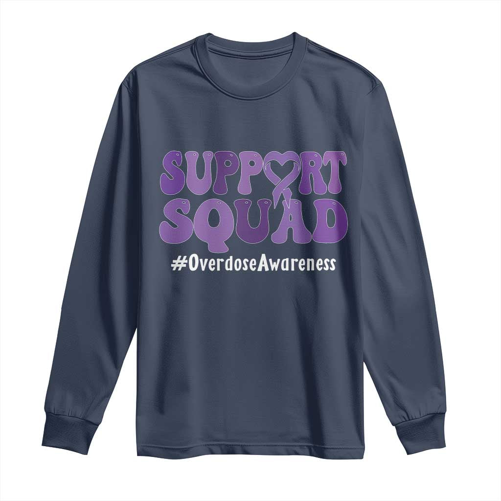 Support Squad Overdose Awareness Long Sleeve Shirt Purple Ribbon Groovy Typography Graphic