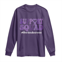 Support Squad Overdose Awareness Long Sleeve Shirt Purple Ribbon Groovy Typography Graphic