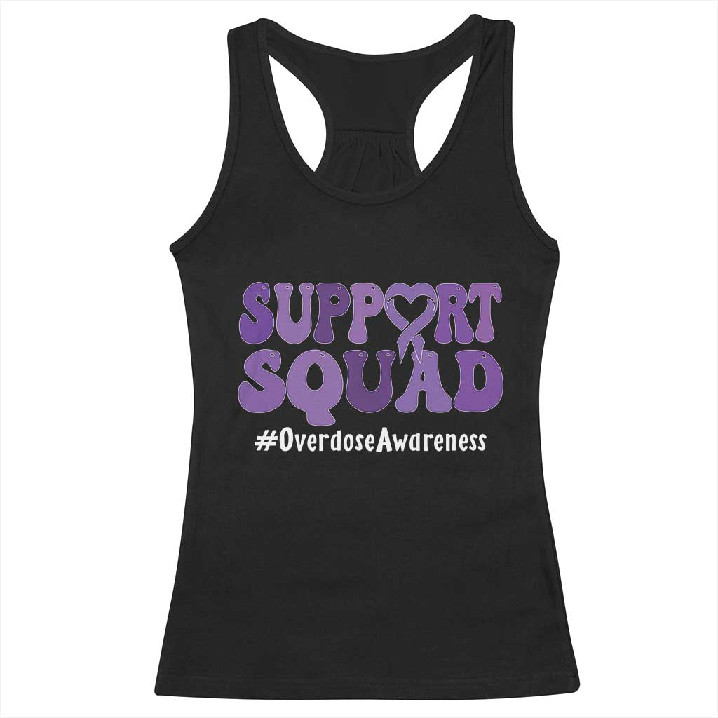 Support Squad Overdose Awareness Racerback Tank Top Purple Ribbon Groovy Typography Graphic
