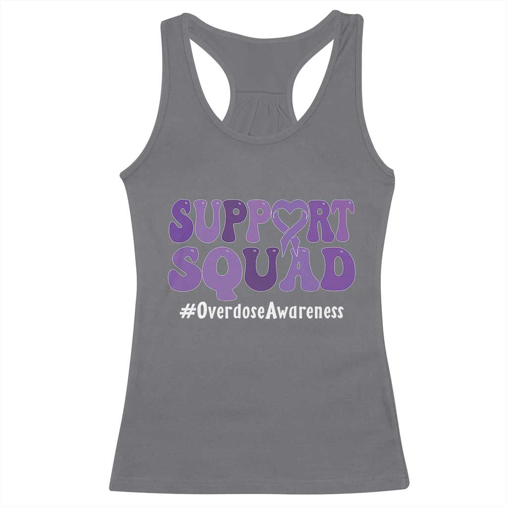 Support Squad Overdose Awareness Racerback Tank Top Purple Ribbon Groovy Typography Graphic