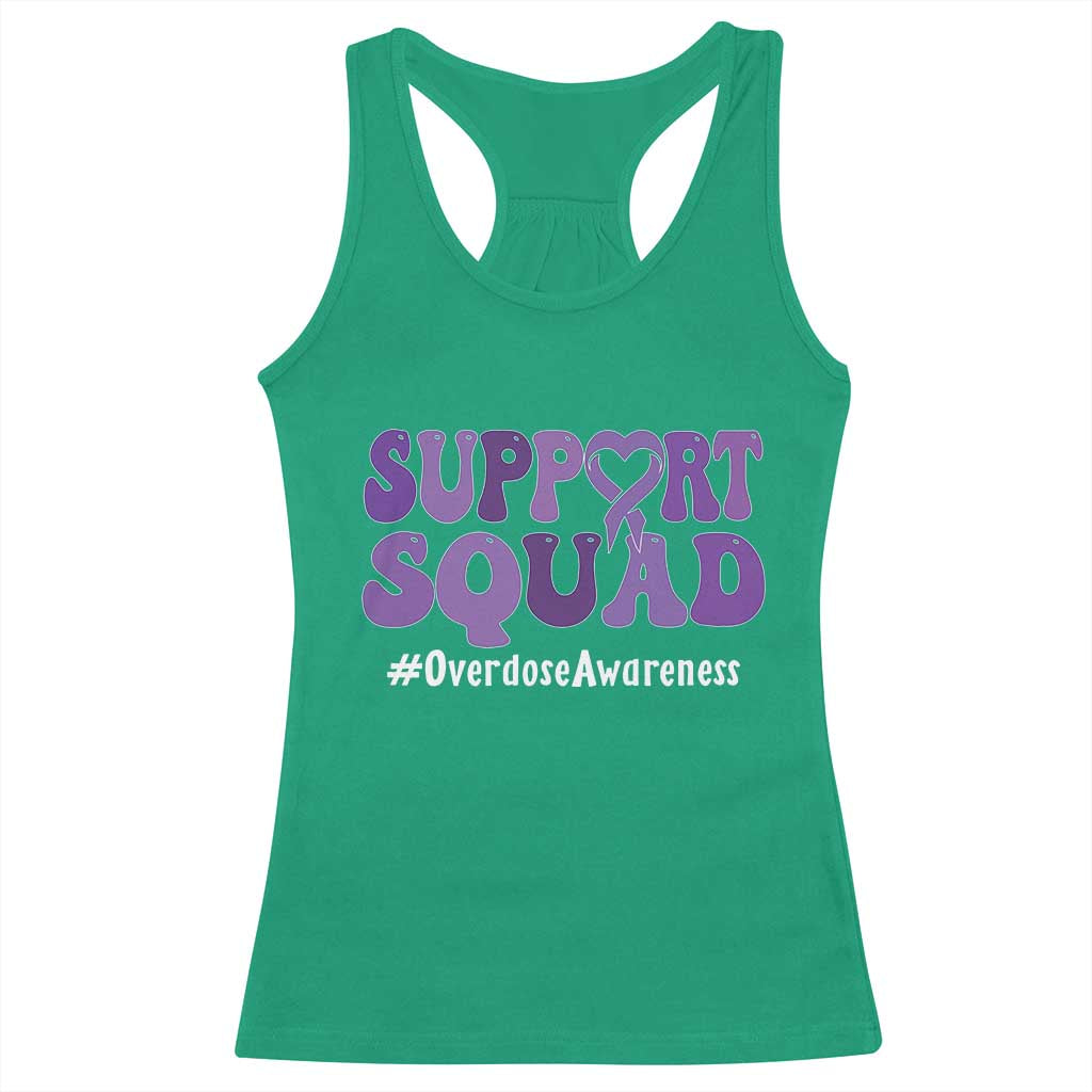 Support Squad Overdose Awareness Racerback Tank Top Purple Ribbon Groovy Typography Graphic