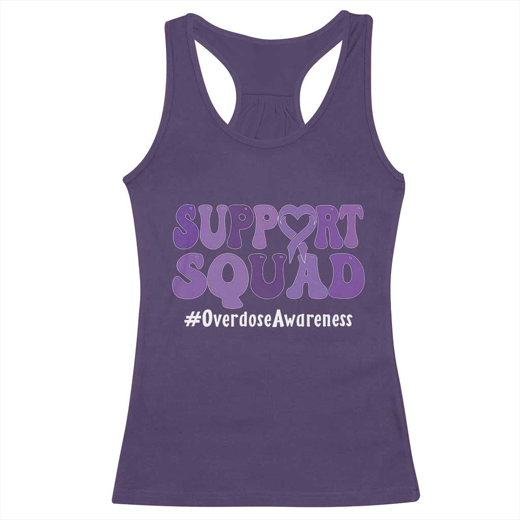 Support Squad Overdose Awareness Racerback Tank Top Purple Ribbon Groovy Typography Graphic