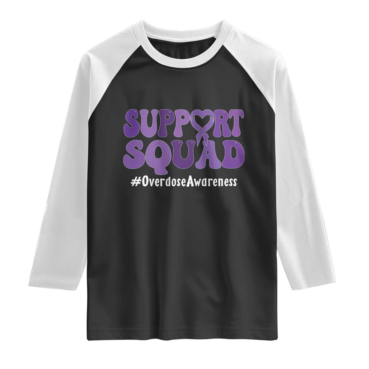 Support Squad Overdose Awareness Raglan Shirt Purple Ribbon Groovy Typography Graphic