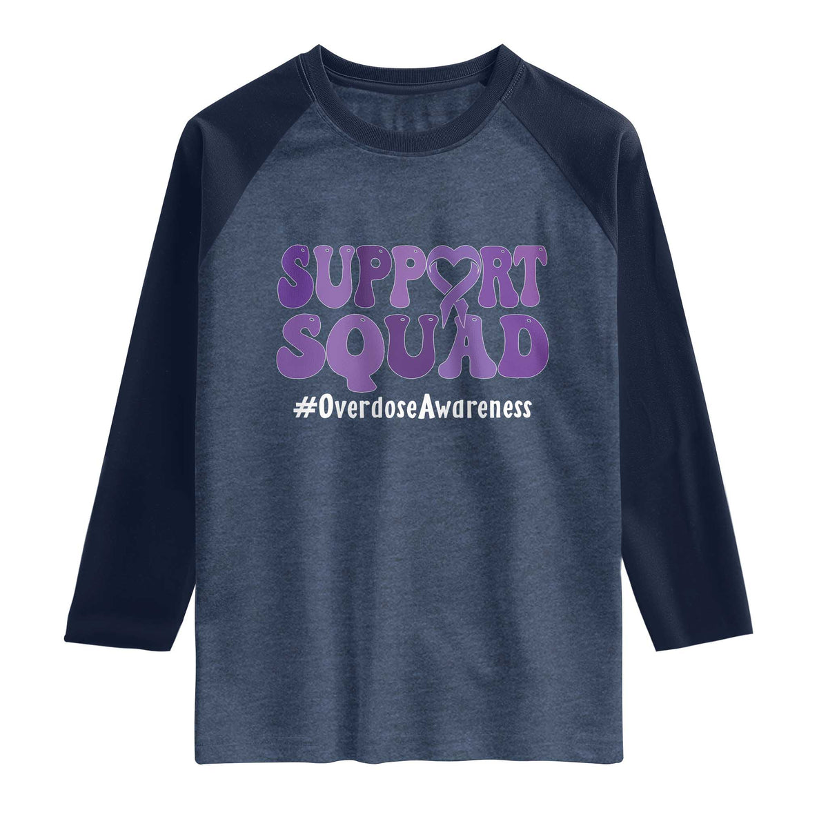 Support Squad Overdose Awareness Raglan Shirt Purple Ribbon Groovy Typography Graphic