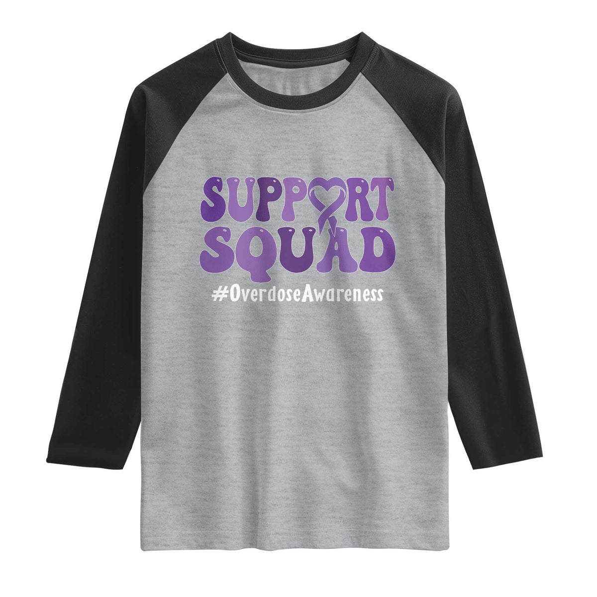 Support Squad Overdose Awareness Raglan Shirt Purple Ribbon Groovy Typography Graphic