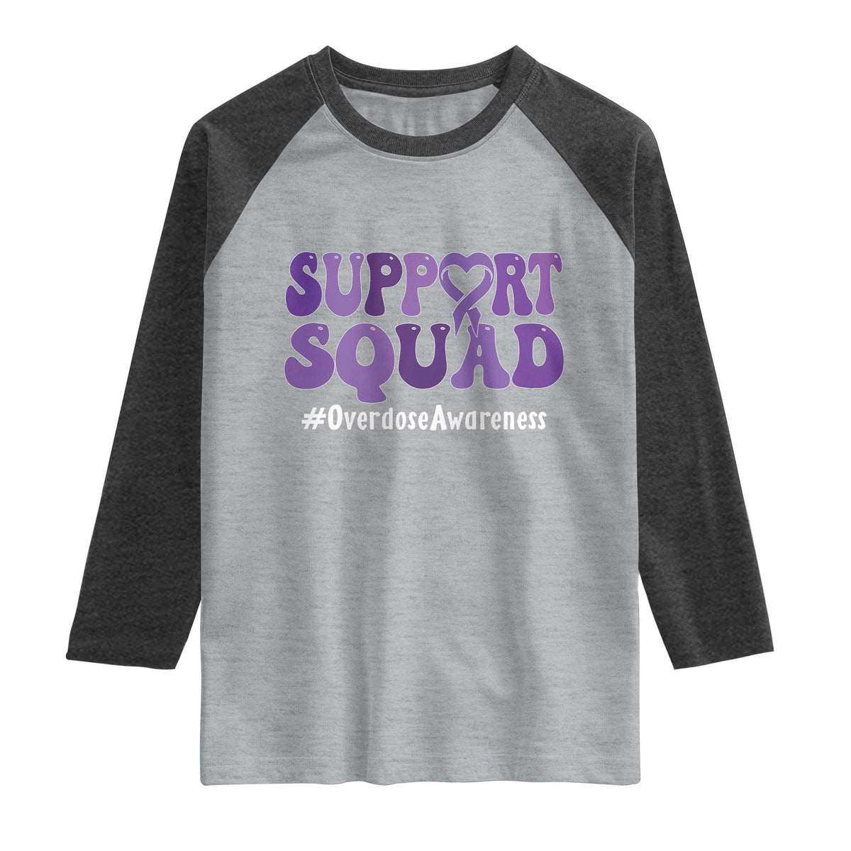 Support Squad Overdose Awareness Raglan Shirt Purple Ribbon Groovy Typography Graphic